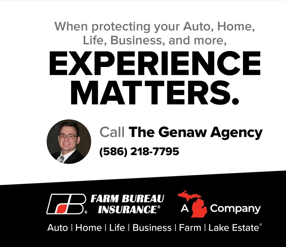 Advertisement for The Genaw Agency featuring a professional photo of an agent, a contact number, and a message emphasizing the importance of experience in protecting various types of insurance.